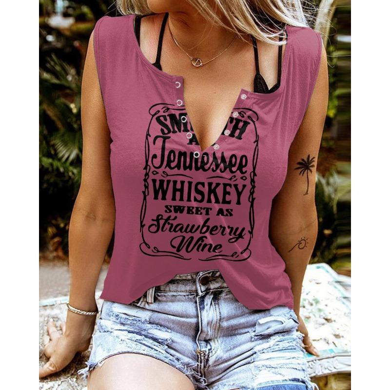 Zabawne T-shirty damskie bez rękawów z nadrukiem literowym i kolorowym dekoltem w serek