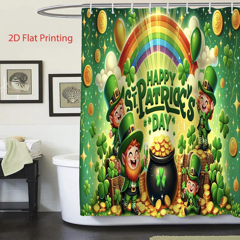 4PC-St Patrick's Day  shower curtain set with 12 hooks, shower pad, toilet seat, bathroom non slip carpet, washable curtains for home decoration
