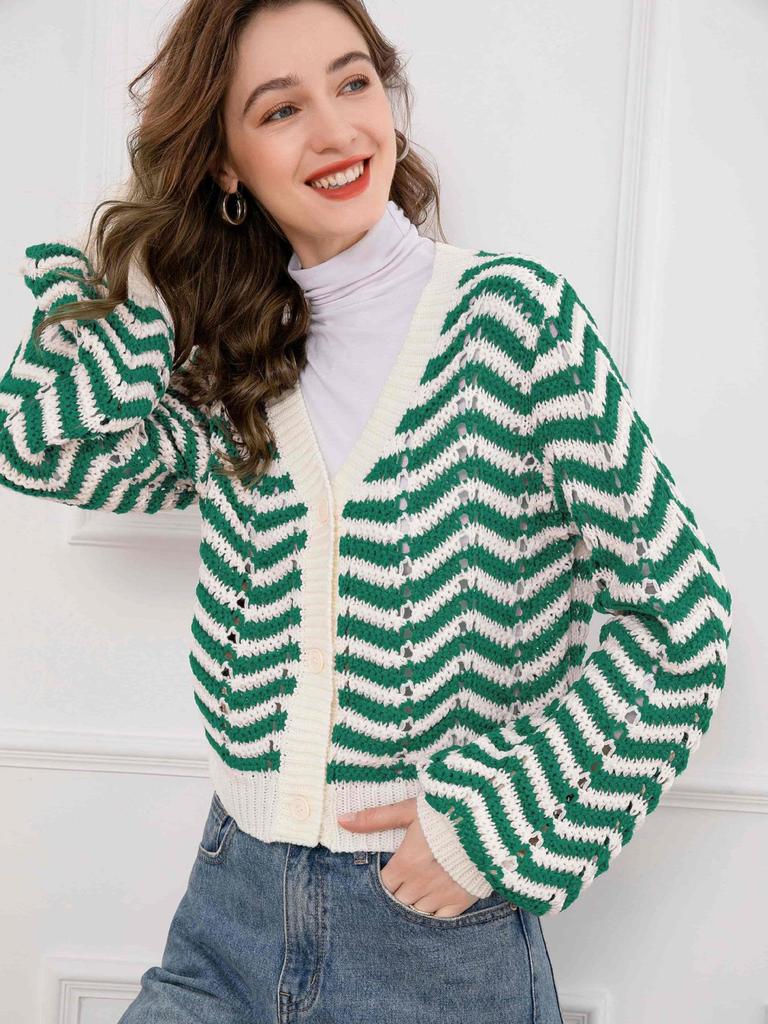 Women's Retro Striped V-Neck Button Knit Cardigan – Long Sleeve, Hollow Design for Autumn/Winter