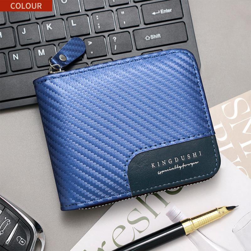 New Trendy Carbon Fiber Short Wallet Men Card Bag Integrated Zipper Change Bag Holder Bifold Clutch Solid Hombre Business Purse