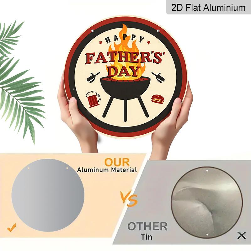 2D Flat, 1pc Round Aluminum Hanging Sign - Happy Father's Day BBQ Grill Metal Wall Art, Father's Day Themed Decor Sign, Retro Beer & Burger Design