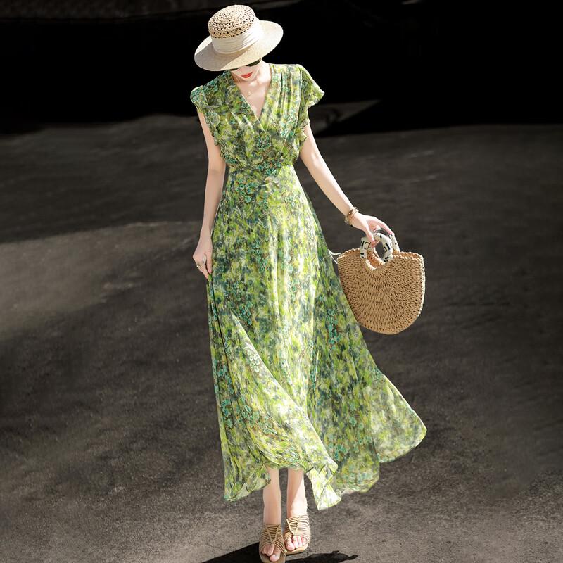 Women s French Elegant V-Neck Ruffle Sleeve Floral Chiffon Midi Dress M