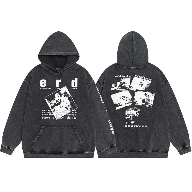 Mens Oversized Washed Cotton Hoodie With Print - Loose Fit Streetwear Sweatshirt Winter