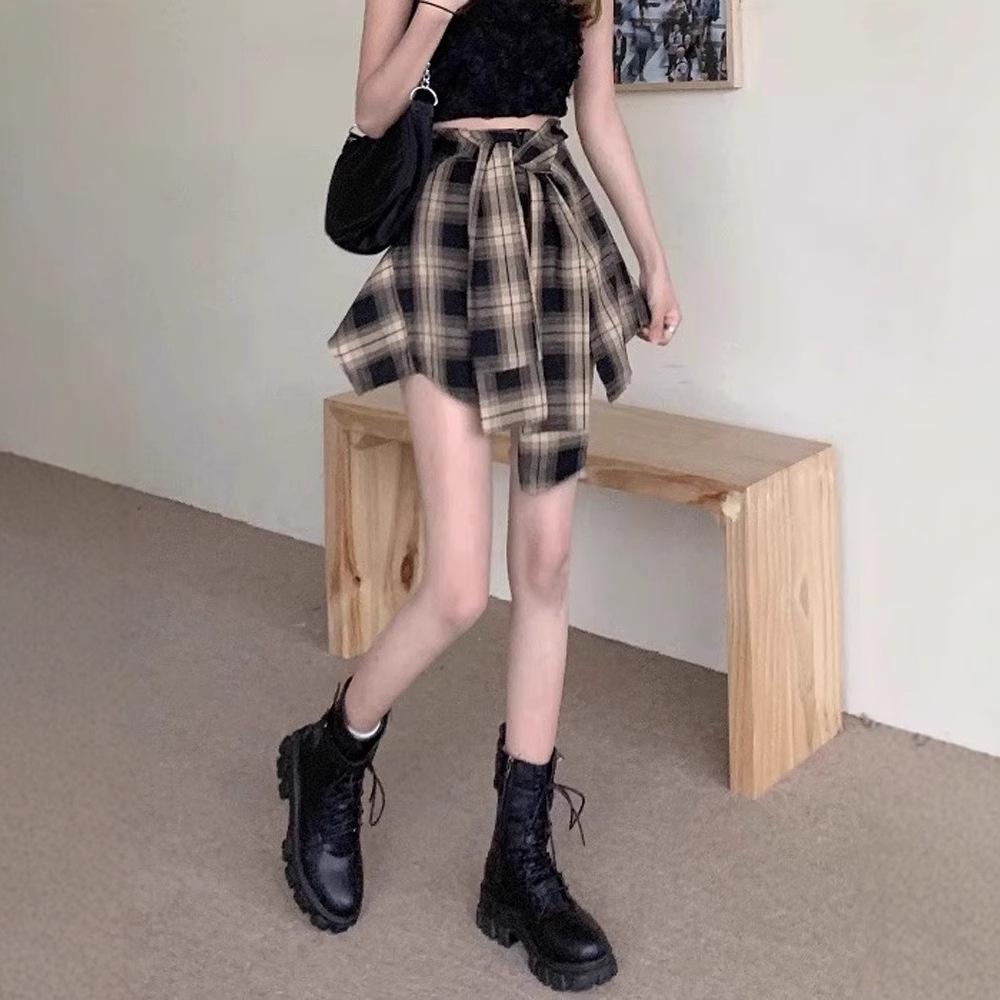Women's Summer Retro High-Waist Irregular Plaid Midi Skirt with Faux Two-Piece Shorts
