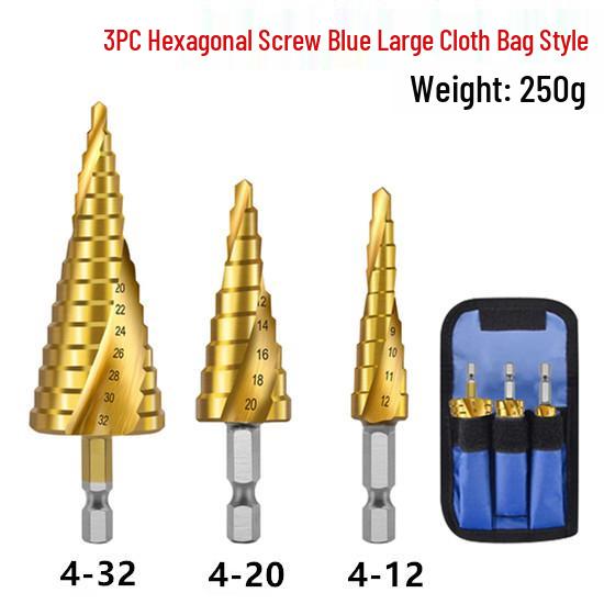 Hex Shank Step Drill Bit Set: Straight & Spiral Flutes, Tapered Hole Opener, Chamfering, with Cloth Bag Packaging.