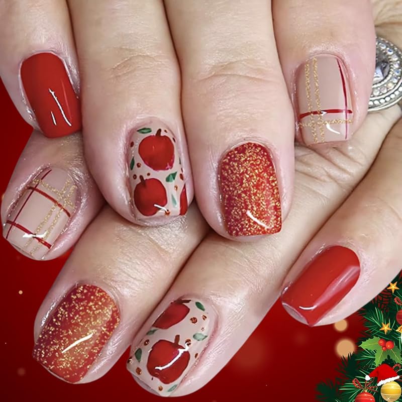 Christmas Press on Nails Short Square Red Fake Nails with Candy Cane Line Snowflake Glossy Designs Full Cover Press ons False Nails for Women 24 Pcs