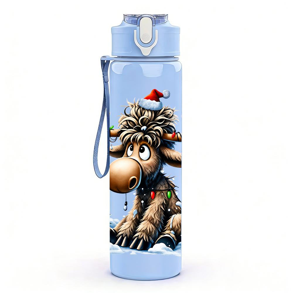 1PC Christmas Moose Cartoon 750ml Color Plastic Sports Water Bottle Leakproof Flip Straw Lid Suitable for Sports Office Home Use