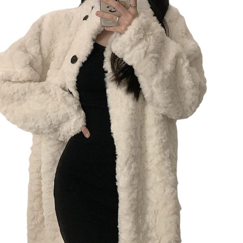 Lamb wool imitation fur jacket women's clothing long coat over the knee design imitation rabbit velvet thickened loose stand-up collar hair