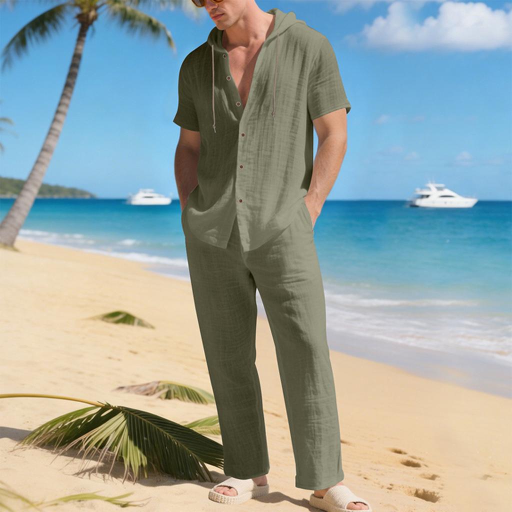 Men'S Color Casual Short Sleeved Pants Two,Piece Fashionable Set