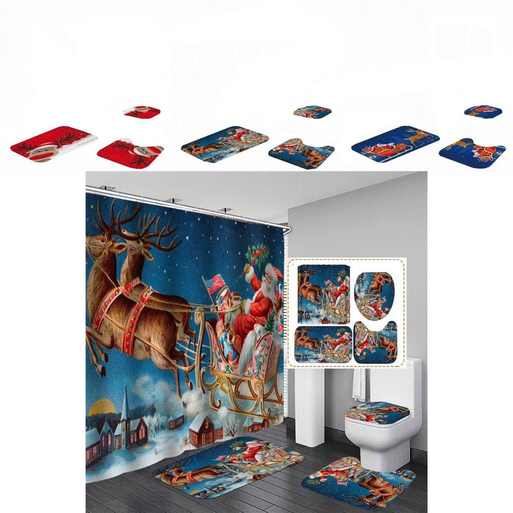 Premium Christmas Shower Curtain With Toilet Seat Cover Mats Rug Set For Stylish Holiday Bathroom