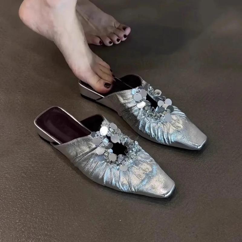 Women Mules Shoes Bling Flats Square Toe Slippers Elegant New 2025 Summer Sandals Dress Party Luxury Woman Slingback Shoes Mujer
