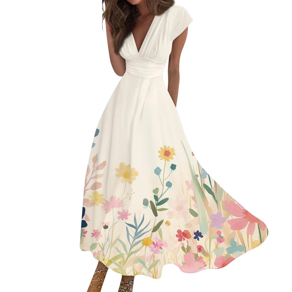 Women's Long Casual Dress Summer Short-Sleeve V-Neck Waist Retraction Printed Dress