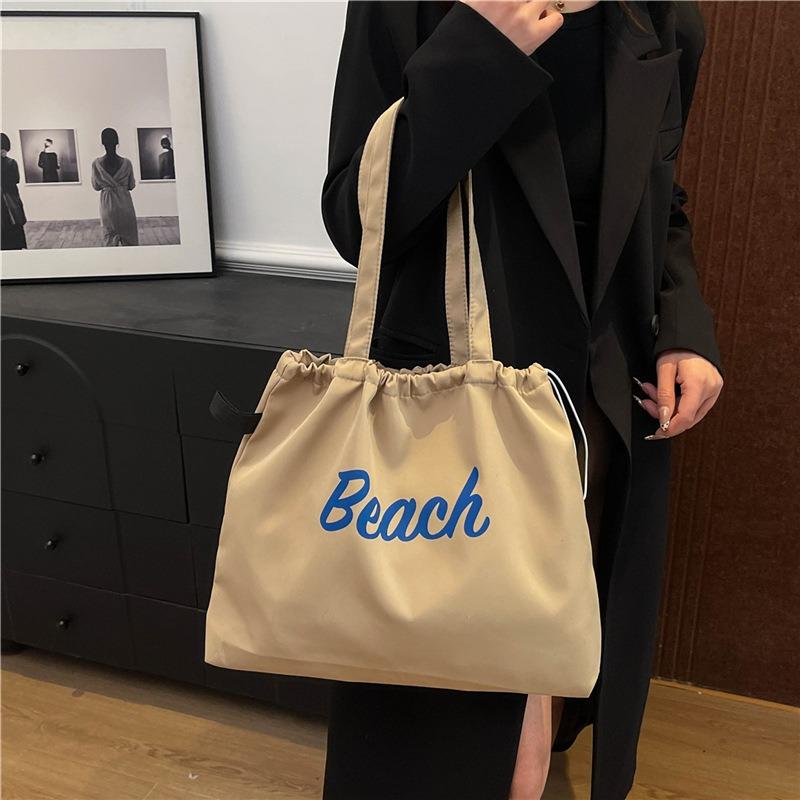 Lazy Wind Letter Shoulder Bag Women's Casual Versatile Drawstring Bundle Tote Bag Nylon Cloth Student Tote Bag