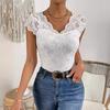 Women Sexy Lace Blouse V‑Neck Cap Sleeve Slim Fit Solid Lace Top Elegant Party Casual Layering Shirt