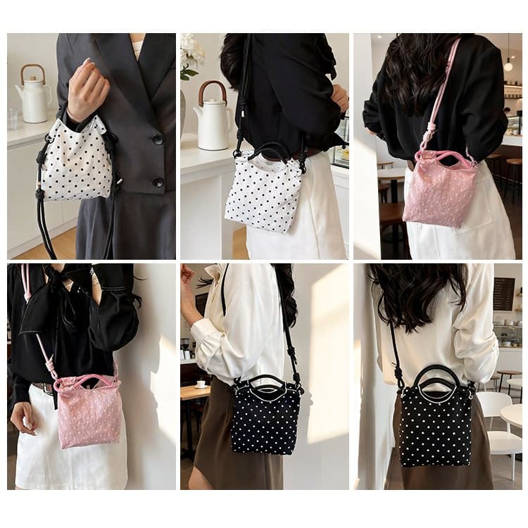 Vintage Polka Dot Drawstring Mini Bucket Bag