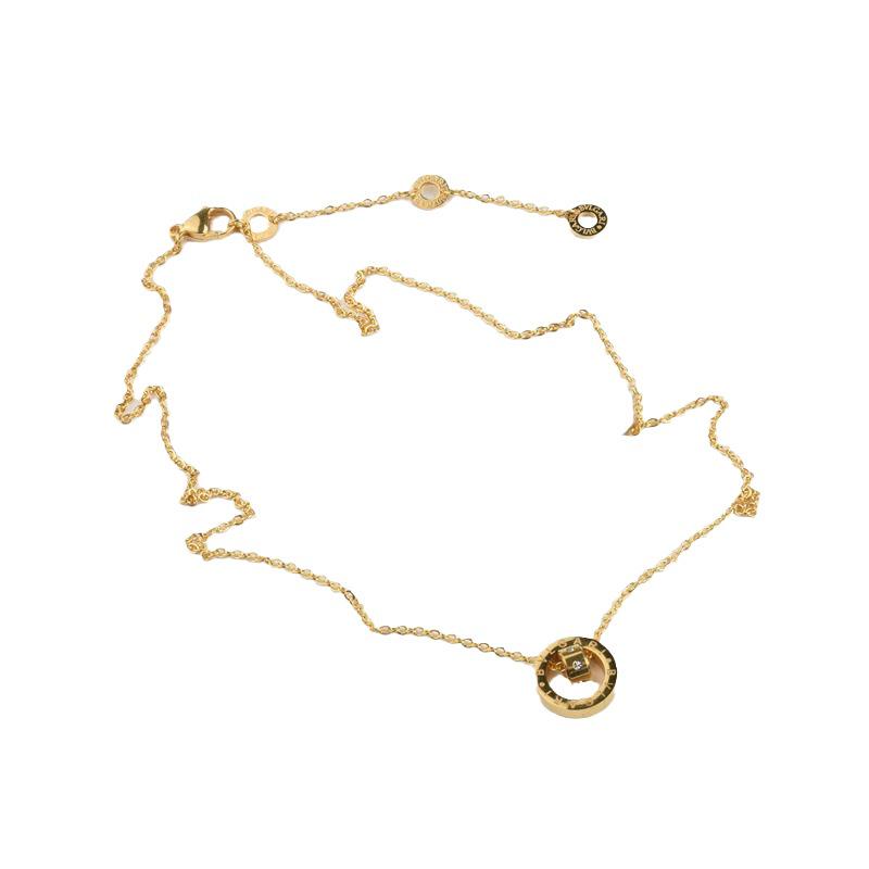 Korean-Style 24K Gold-Plated Titanium Necklace with Double Ring and Interlocking Beads