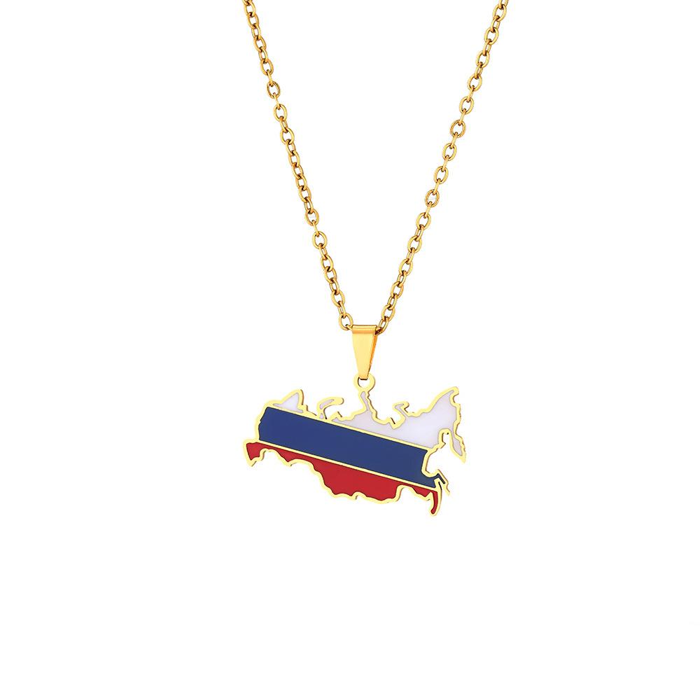 Russia Map Flag Pendant Necklace Stainless Steel Patriotic Jewelry for Men Women