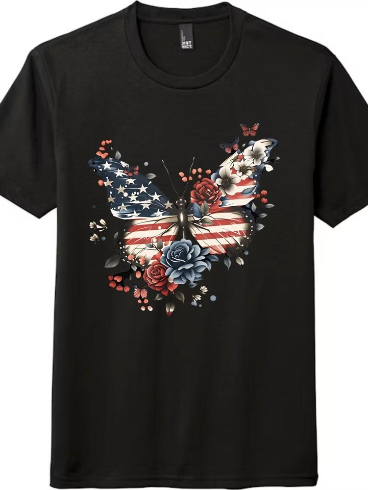 

American Flag Butterfly Floral Print Unisex Cotton Crew Neck T-Shirt Casual Tee M