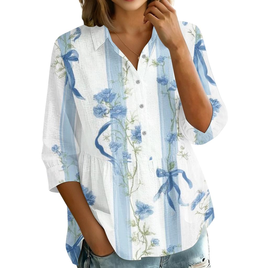 Women Button Down Shirt Floral Print Three Quarter Sleeve Loose Fit Blouse Collared Neck Casual Top for Everyday Wear