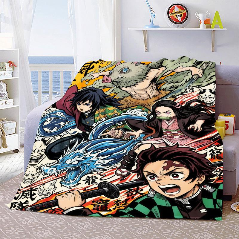 Demon Slayer Cozy Flannel Blanket Soft Plush Warm Throw for Bed Sofa Couch Lightweight Travel Home Decor Gift -QJY