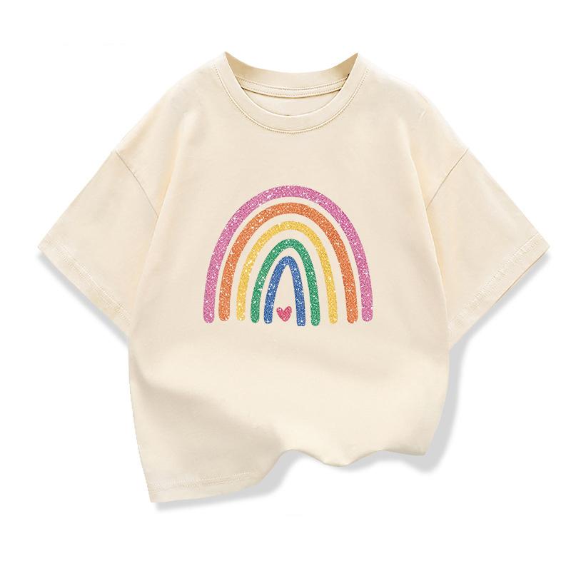 Baby Girl Summer White Clothes Kid Girls Casual Rainbow Printed Tshirts Children Fashion Crew Neck Short Sleeve Top