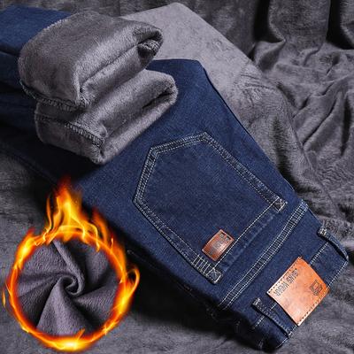 Autumn And Winter Plus Velvet Thick Jeans Men'S Business Loose Straight Leg Pants Elastic Warm Men'S Pants