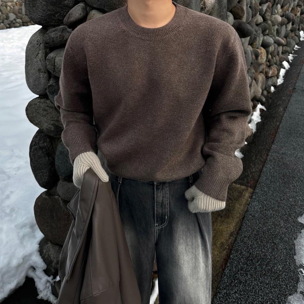Men's Winter Thick Knit Pullover Sweater - Simple Round Neck Korean Style