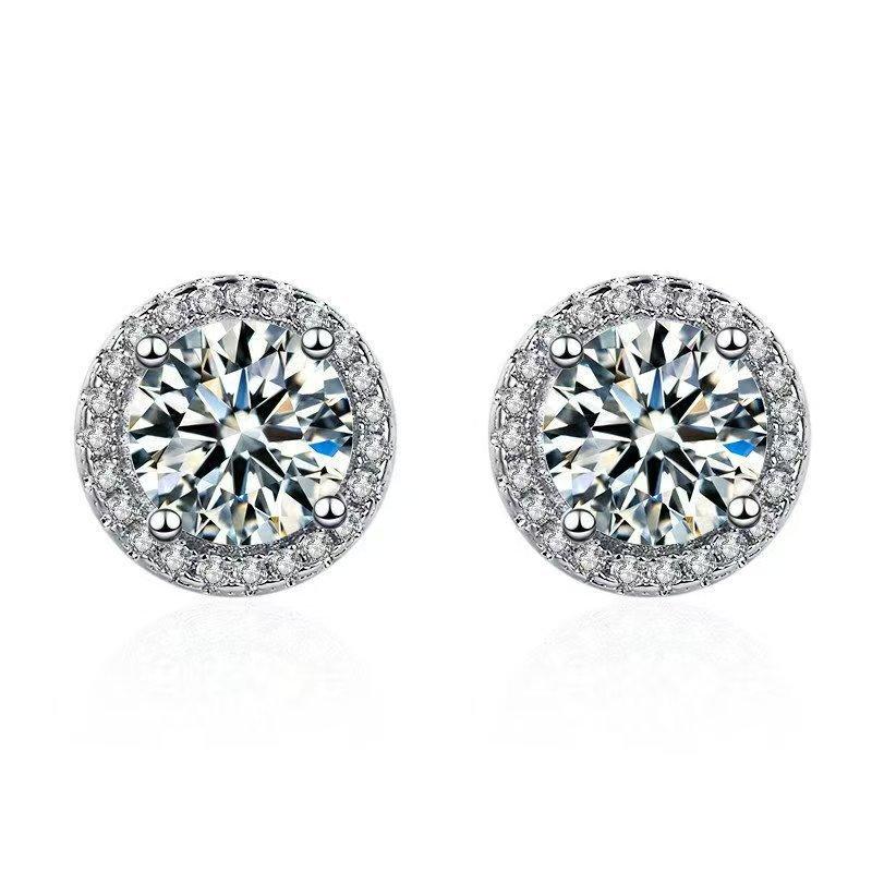 Women Silver Tone Halo Round Big Center Zircon Full Pave Circle Stud Earrings