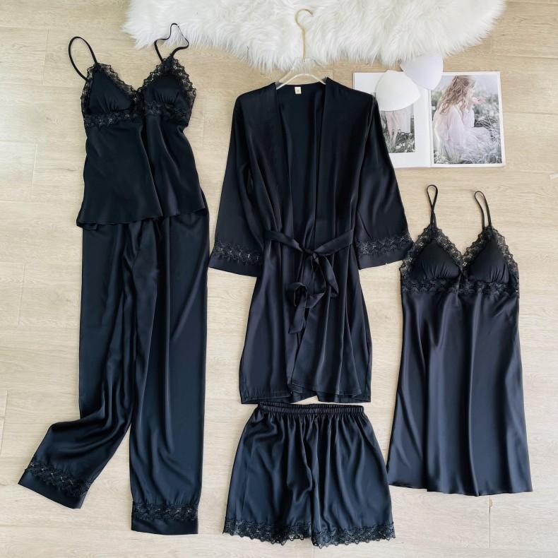 

Пижамный комплект из 5 предметов, пижамы весна и осень, новый стиль, женская пижама, домашняя одежда с длинным рукавом, кружевное атласное нижнее белье для дома XL