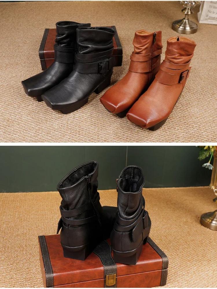 Johnature Cowhide Women's Short Boots Genuine Leather Versatile Mid Heel Square Toe Boots