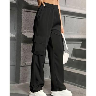 Pantalon de travail tendance à taille élastique Pantalon à jambe large taille haute Pantalon décontracté de sport ample couleur unie Vêtements de sport pour FEMME