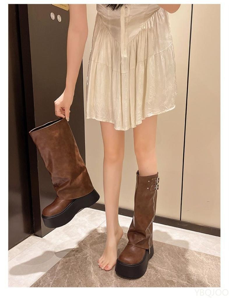 Fashion New Spring Retro Trend Minimalist Women Thick Soled Height Increasing Shoes Women Fashionable Versatile Knee High Heels Boots