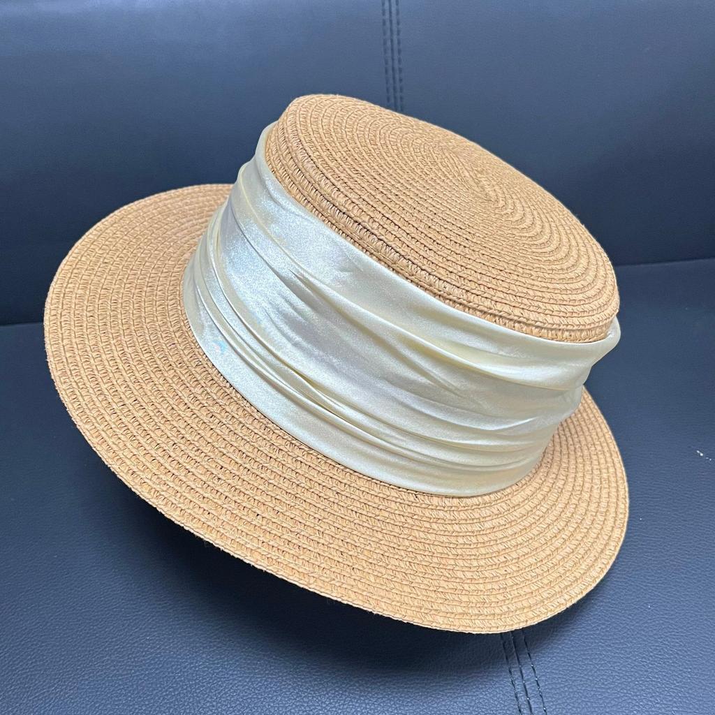 Straw Hat Women's Fashion Elegant Pleated Ribbon Flat-top Sunshade Hat Vacation Travel Sunscreen Hat