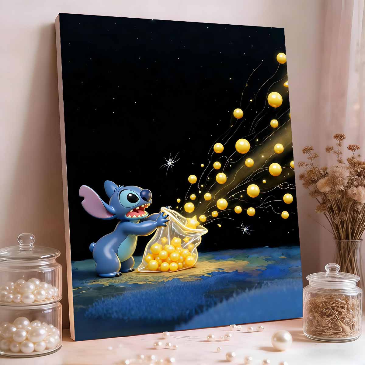 

Stitch Scatters Gold Coins and Pearls Art Painting Lilo and Stitch Golden Money Bag Gold Coins Splashing Elements Pearl Inlay Frameless Craft Painting 35x45cm