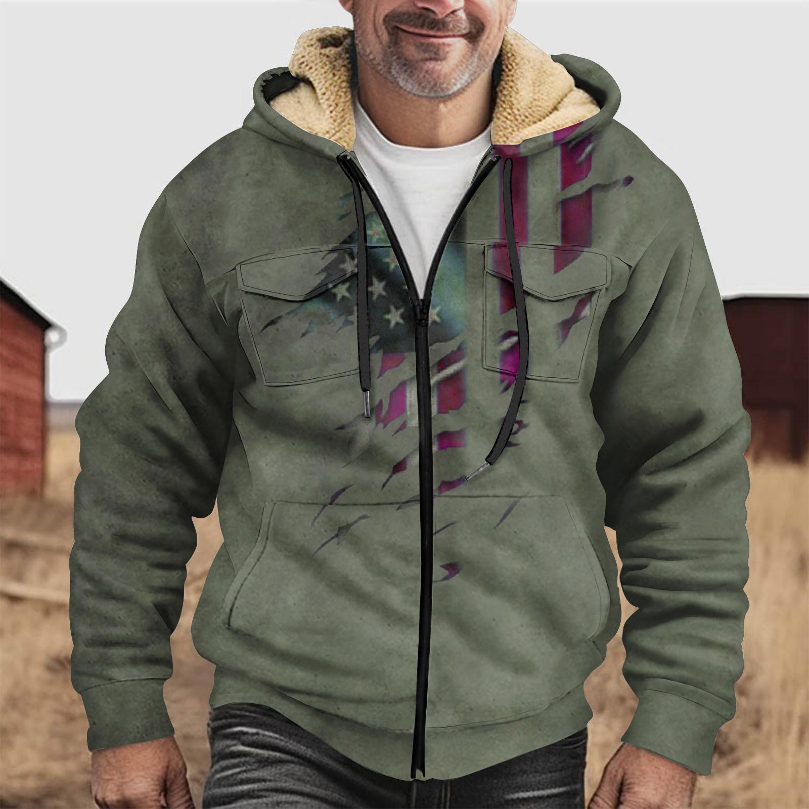 Мужская зимняя флисовая толстовка с капюшоном на молнии с накладным карманом, повседневная куртка L армия зеленый