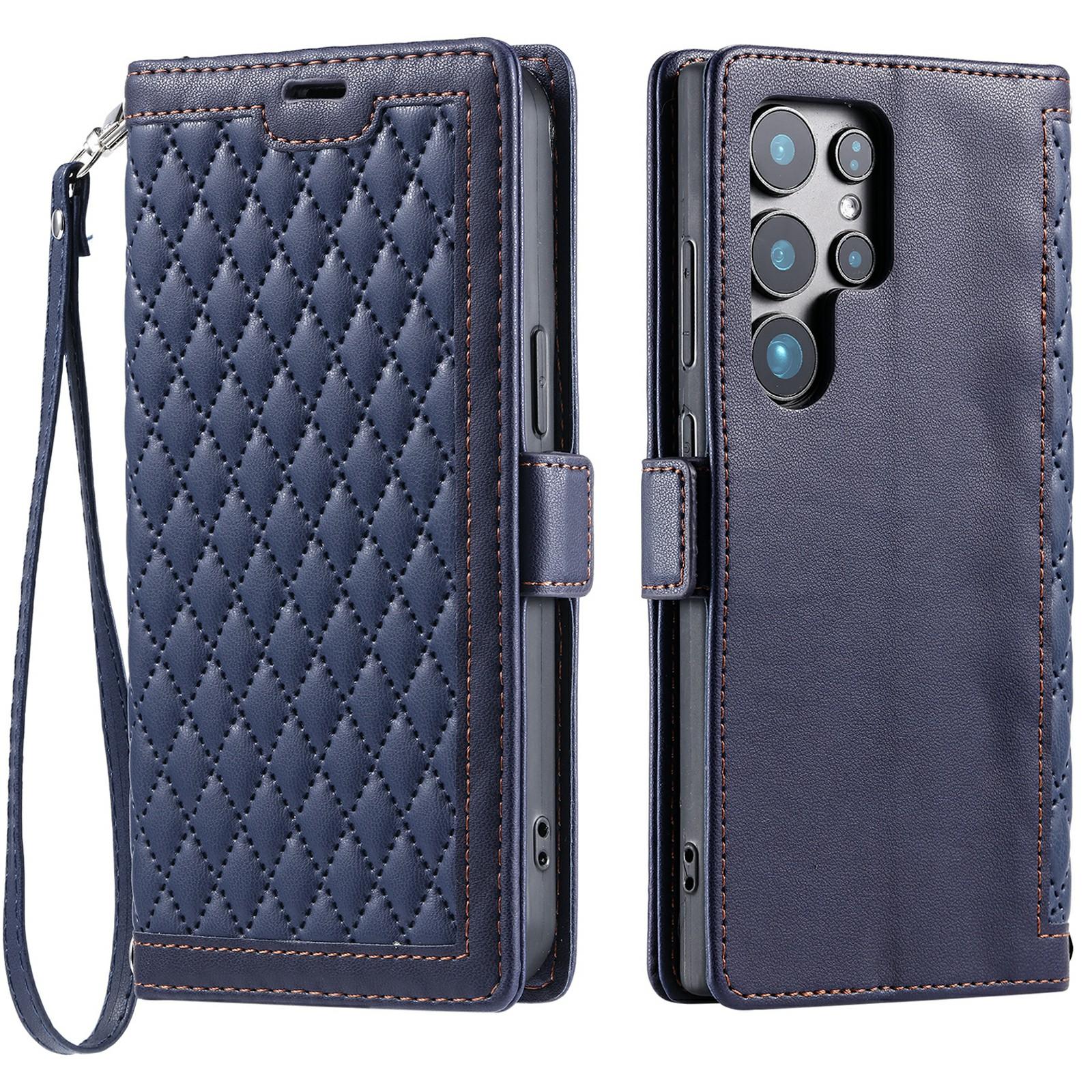 

For Samsung Galaxy S25 Ultra Leather Case Rhombus Texture Wallet Stand Phone Cover with Wrist Strap Blue