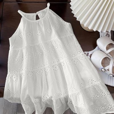 Girls' Strap Dress Summer Sleeveless Hollow Cotton Dress New Style for Young and Little Girls Fashionable Princess Dress