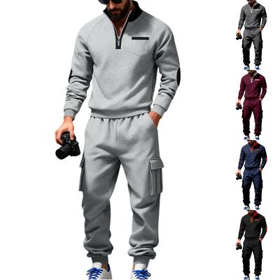 Men's Winter Fleece Multi Pocket Zipper Sweatshirt 2 Piece Set Personalized Sweatpants