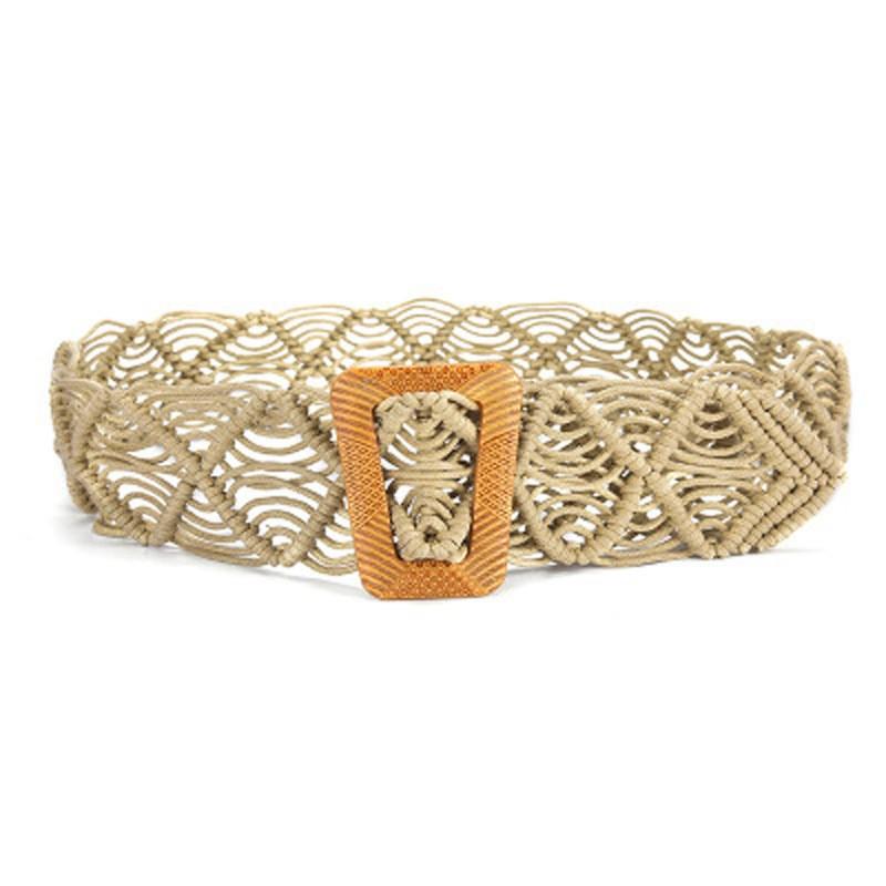 Spring and Summer New Ethnic Style Bohemian Wax Rope Hollow Braided Belt Pure Handmade Wooden Buckle Braided Belt for Women