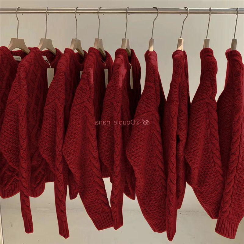 Damen Übergröße Roter Zopfstrickpullover - Dick, Locker, Perfekt für Weihnachten und Winter