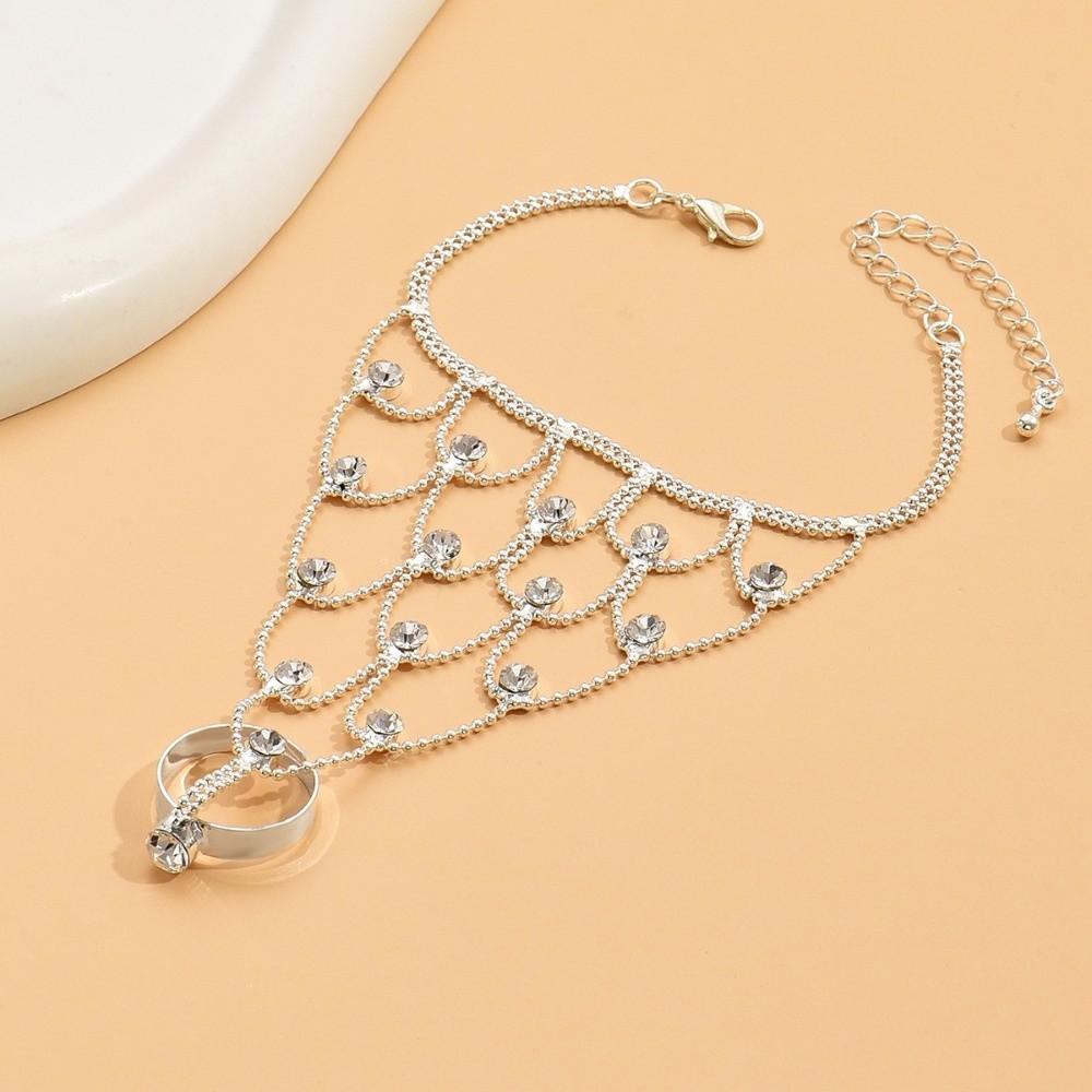 Sparkling Rhinestone Inlaid Finger Ring Bracelet Vintage Elegant Hand Chain Jewelry Gifts
