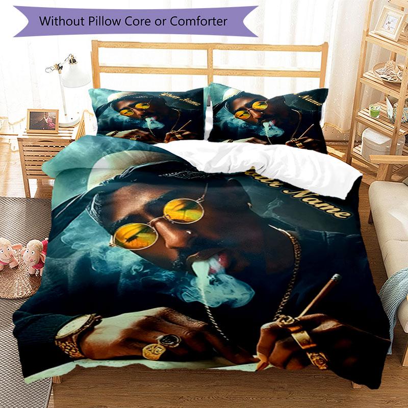 3PC Custom Name "Rap Star Smoke Style" Bedding Set Printed  Bedding Set Duvet Cover Closure Includes 1 Duvet Cover & 254 Pillowcases for Bedroom