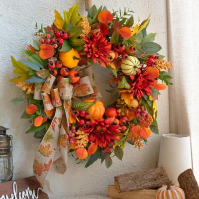 Couronne d'automne de 18 pouces pour porte d'entrée Couronne de citrouilles artificielles avec dahlias, baies et nœud Grande couronne d'automne pour Thanksgiving
