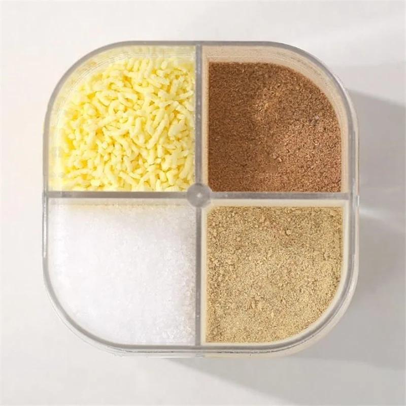 4 In 1 Plastic Salt and Pepper Shaker Transparent Spice Dispenser 4 Compartment Camping Seasoning Jar with Lids for Cooking BBQ