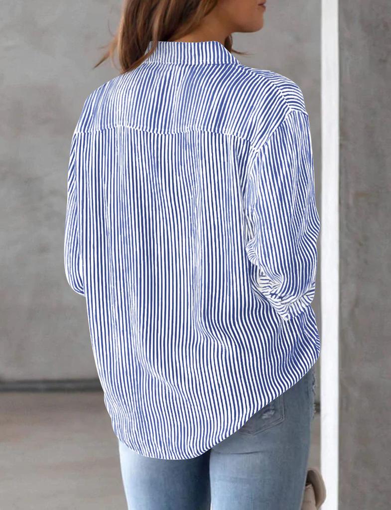 Women's Striped Long Sleeve Collared Button-Down Shirt with Pocket