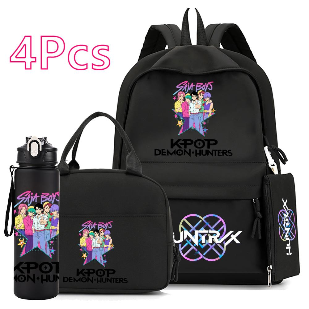 4Pcs/set Anime Demon Hunters Printed 750Ml Water Bottler Backpack Handbag Pencil Case for Teenager Boy Girl Large Capacity Waterproof Schoolbag
