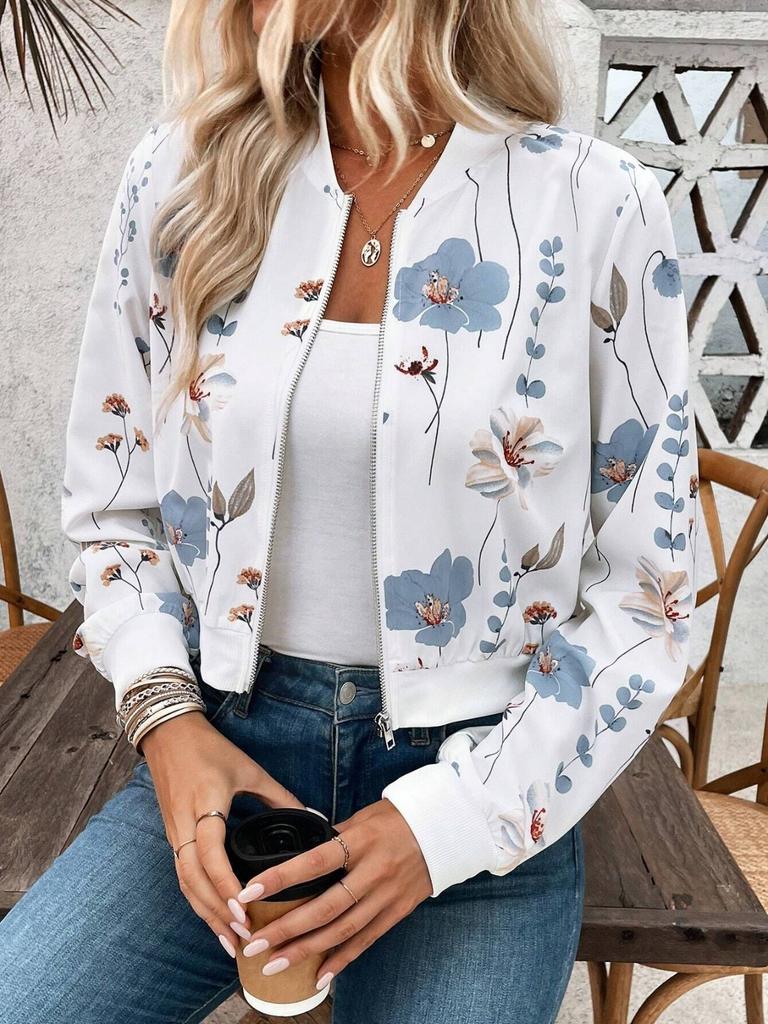Womens Ladies Retro Floral Zipper Up Jacket Casual Coat Outwear