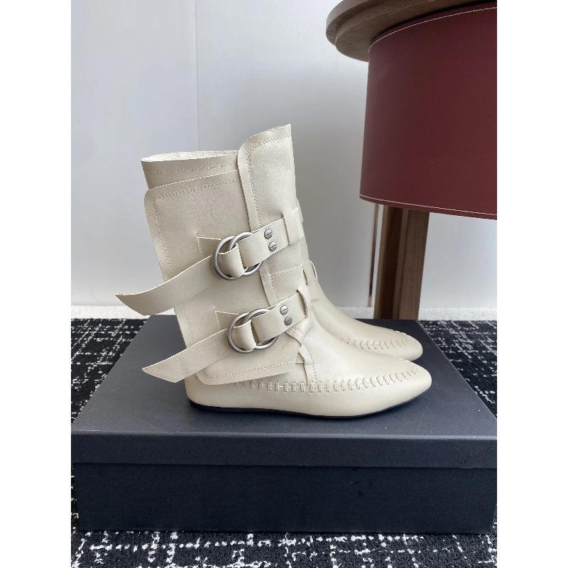 Cowhide version retro belt buckle white boxing boots women's leather thin inner heightening medium tube Martin boots western short boots