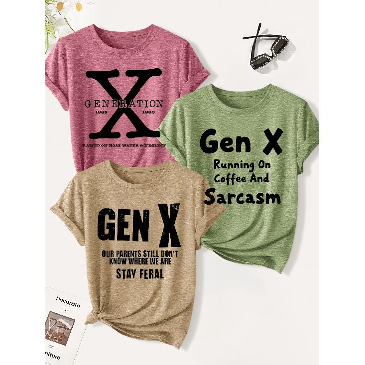 3 Pack of women's summer tops | Gen X Modern American-style slogan print T Shirt | Cute and trendy casual round-neck short-sleeve suit | 2026 Summer