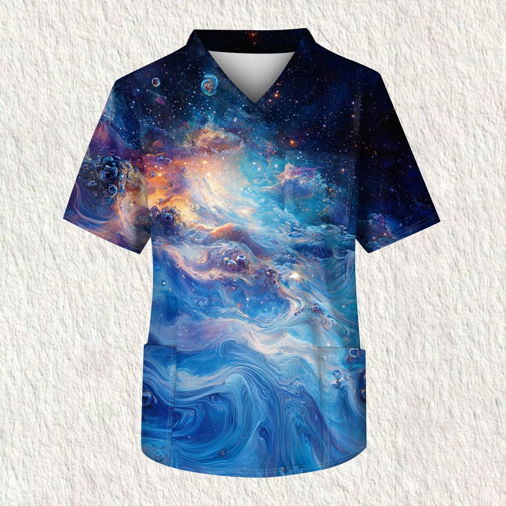 Men's Printing Short Sleeve V-neck Working Blouse Chest Pocket Carer Top